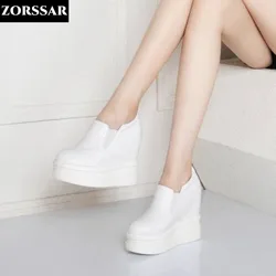 12cm Platform Hidden Wedge Sneakers Chunky Shoes Genuine Leather Women Vulcanized Shoes High Quality Height Increasing Sneakers