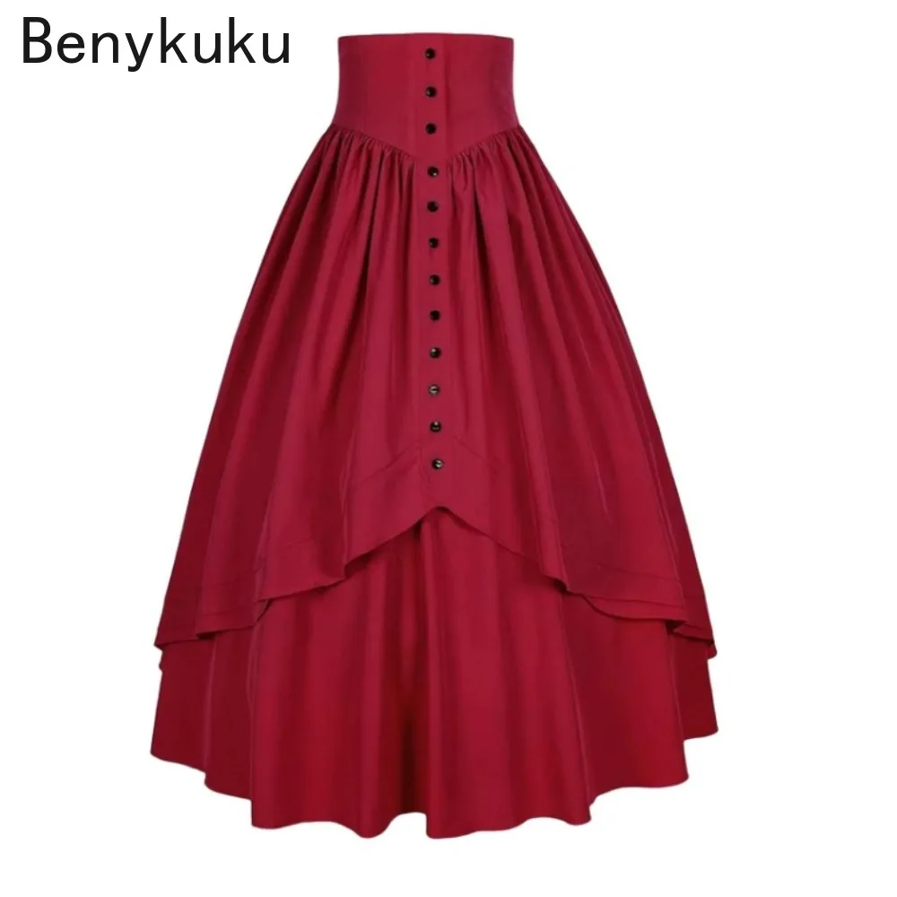 Solid Black Red Button High Waist 50s Vintage Skirts Womens Retro Punk Gothic Pleated Skirt Steampunk Y2k Harajuku Clothes 2025