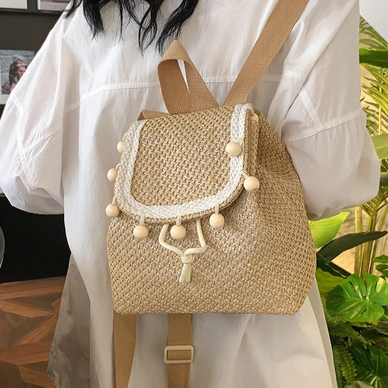 New Shoulder Straw Woven Fringe Backpack Zipper Student Flap School Bag Personality Hand Carrying Woven Travel Holiday Beach Bag