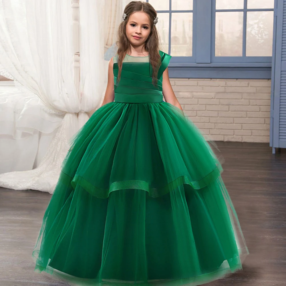 Girls Christmas Green Princess Dress Flower Bridesmaid Children Clothes Long Party Gowns Pageant Prom Communion Costume Vestido