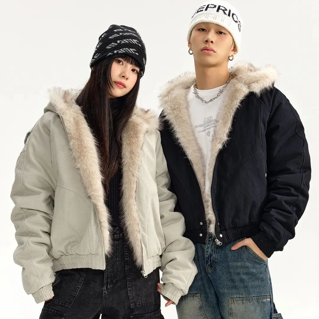 

American High-End Short Jacket For Women'S Winter Hooded And Plush Thick Loose Couple Cotton Jacket