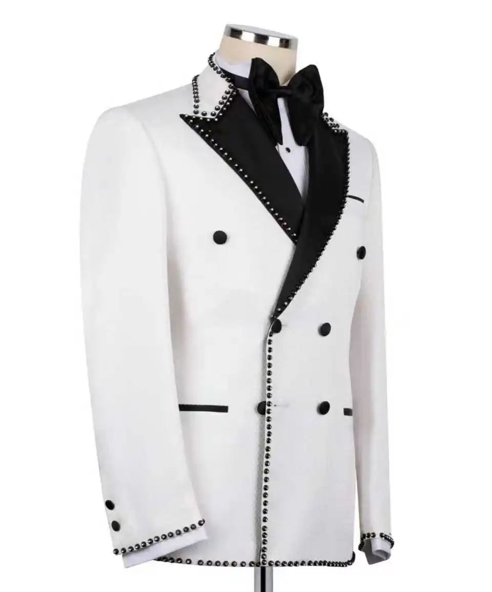 

Белый мужской костюм, комплект из 2 предметов, блейзер с кристаллами и бисером + брюки, свадебный смокинг, роскошный деловой офисный мужской пиджак для жениха, выпускного вечера, пальто