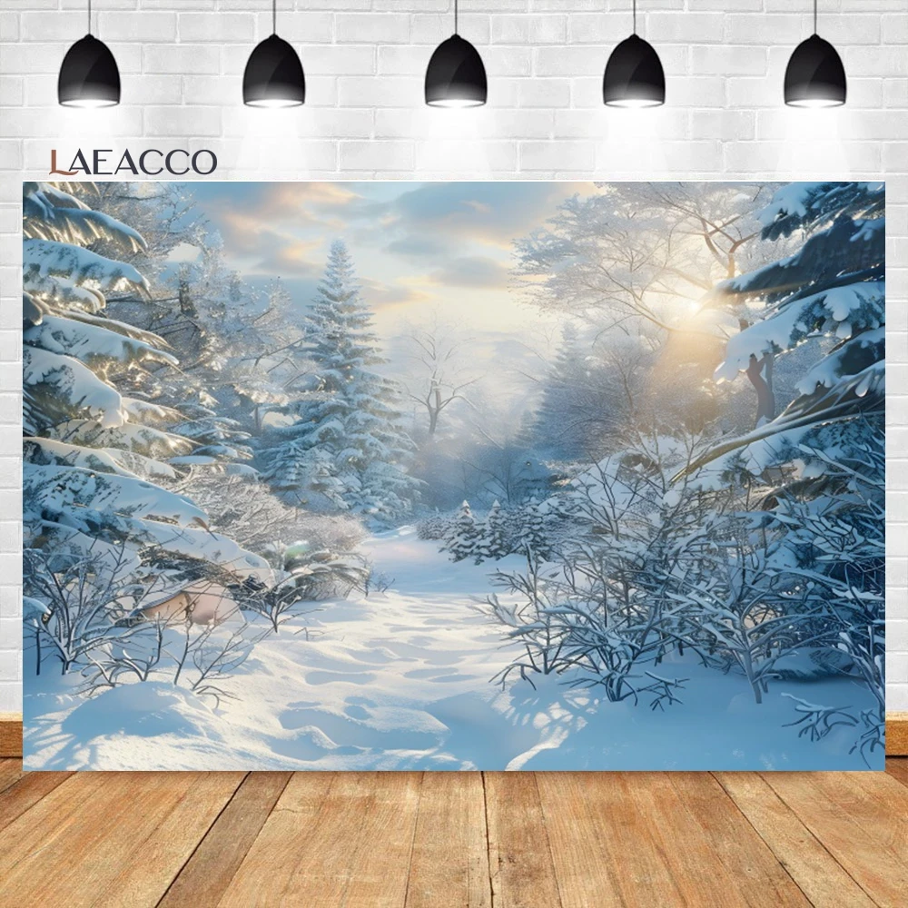 Laeacco Winter Wonderland Backdrop Snow Covered Pine Trees Winter Forest Landscape Christmas Portrait Photography Background