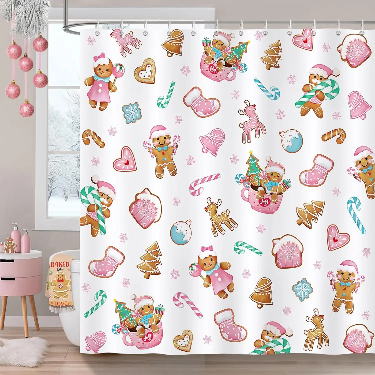 Christmas Gingerbread Shower Curtain, Pink Candy Cane Mitten House Winter Holiday Bathroom Decor Polyester Fabric Waterproof