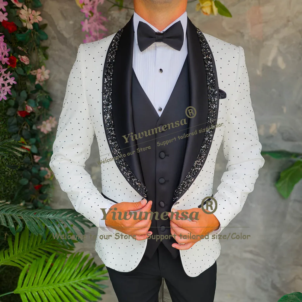 Customized Men Tuxedo Suit For Wedding Black Pearls Beading Prom Blazer Vest Pants 3 Piece Sets Man Banquet Clothing Formal Wear