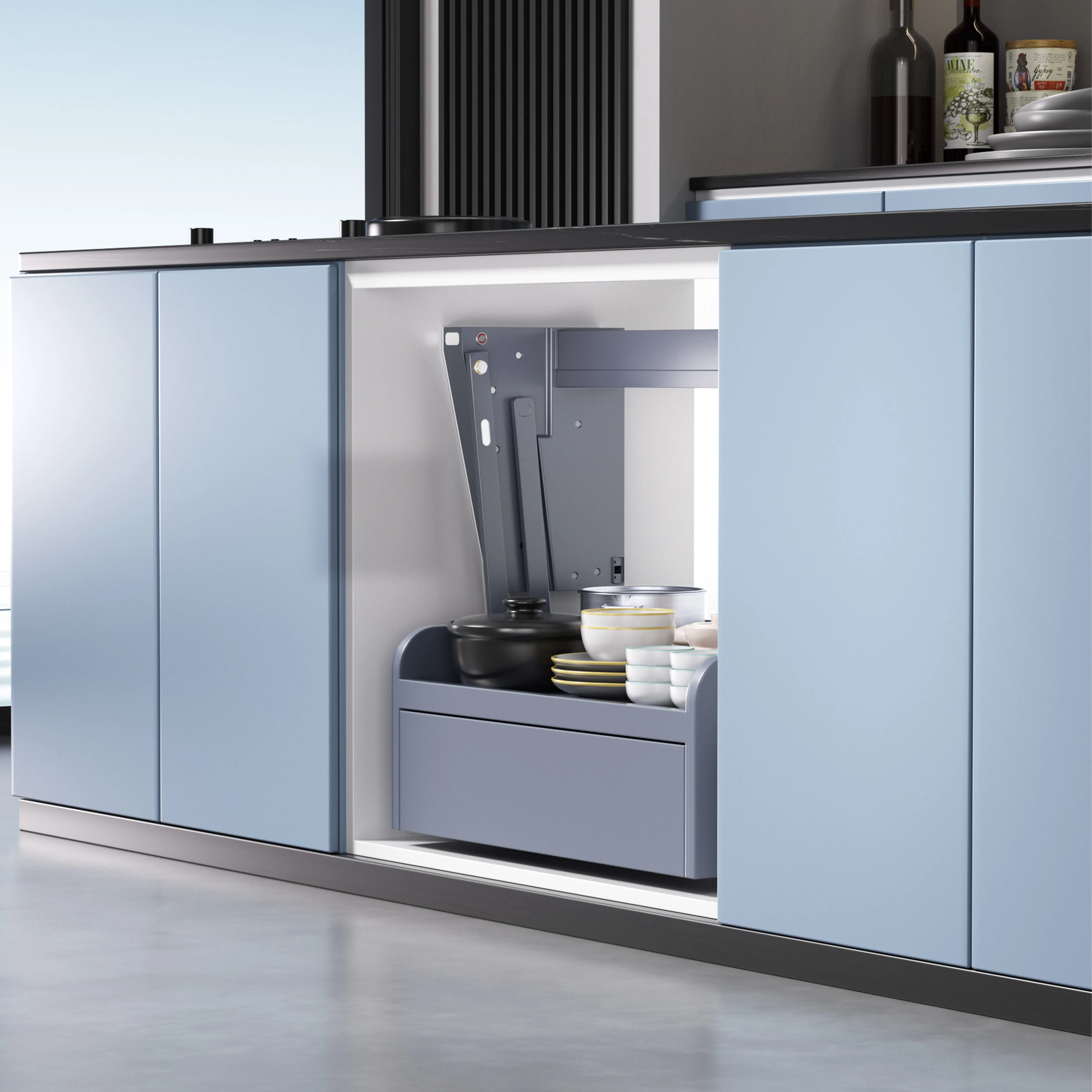 Kitchen Furniture Hardware Elevator Basket Cabinet Pull Out Small Appliance Storage Electric Lifing Base Cabinet Baseket