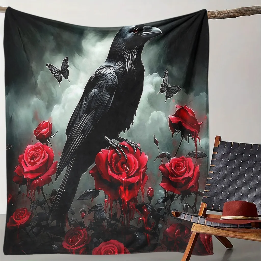 Cozy Black Crow & Red Roses Flannel Blanket Comfort, Perfect Gift for Family & Friends, Machine Washable