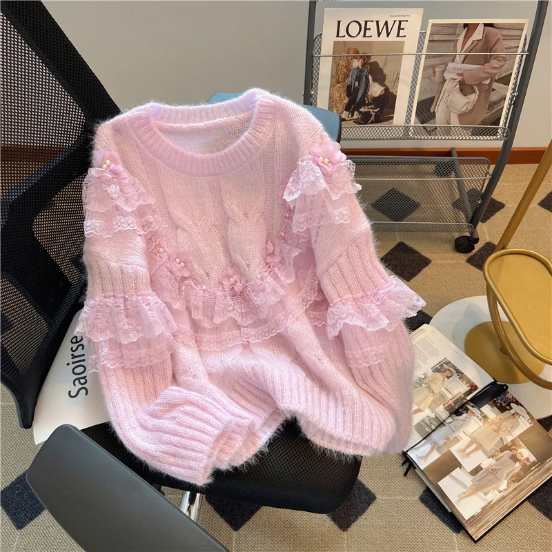 Winter Lace Stitching Flower Beaded Loose Sweet Knitted Sweater Casual Cashmere Women Knit Pullover Shirt/Top Y2k Clothes