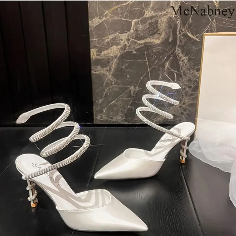 Sexy Suede Snake Shaped Winding Water Diamond Women Sandals Two heights 7CM And 9CM Red And White Pointed Toe Stiletto High Heel