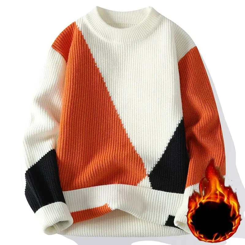 

Men Jumpers Pullovers Spliced Mock Neck Sweaters Flat Knitted Long Sleeve Loose Slight Strech Patchwork Casual Winter 2025 New