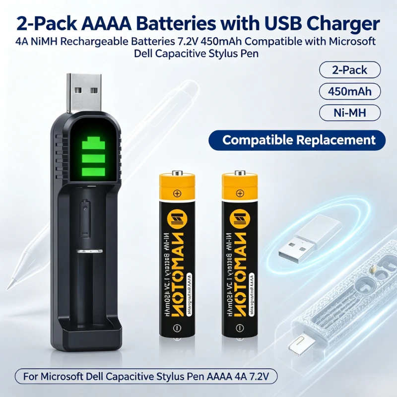 2-Pack AAAA 4A NiMH Rechargeable Batteries 7.2V 450mAh with USB Charger Compatible with Microsoft De ll Capacitive Stylus Pen