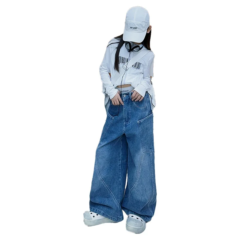 Girls' Fleece Jeans Retro Curved Knife Pants 2025 Autumn and Winter Teen Children Warm Thick Loose Straight Leg Wide Leg Pants