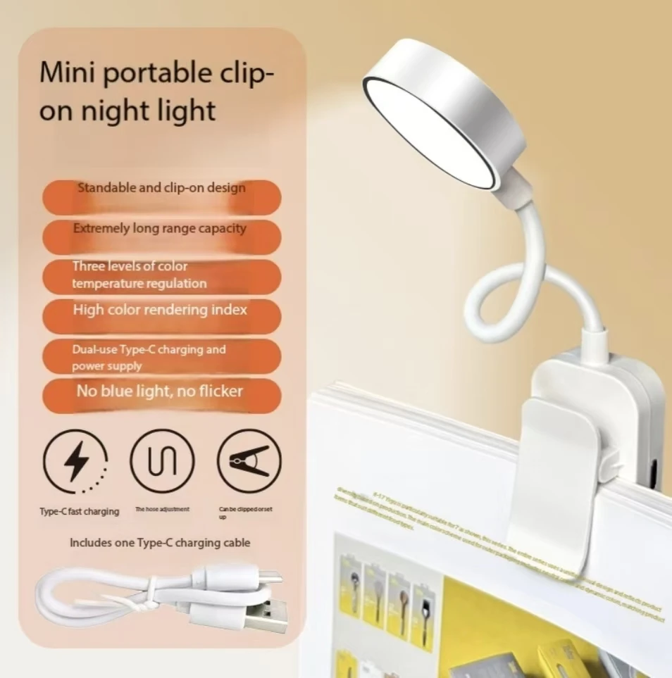 Folding Mini Clip Book Lamp USB Rechargeable LED Night Light 3 Modes Eye Protection Stepless Dimmable Flexible Bedroom Reading image 4