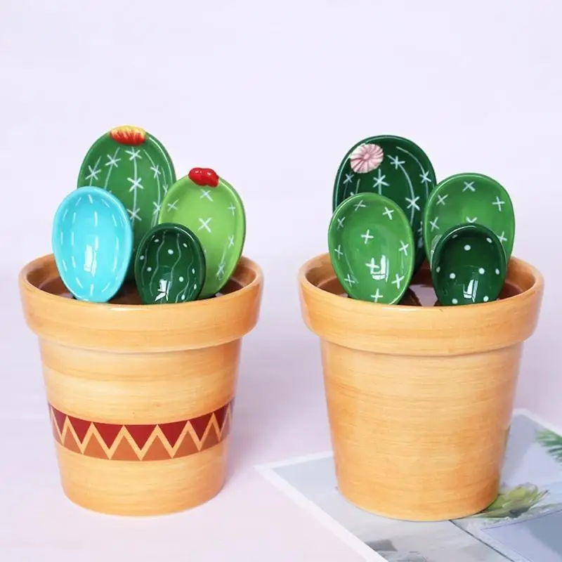 Ceramic Cactus Measuring Spoons with Holder Set Baking Measuring Spoons Kitchen Measuring Tools Easy to Clean N2UD