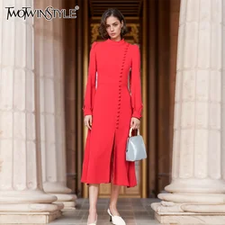 TWOTWINSTYLE Solid Casual Spliced Button Dress per le donne Stand Collar manica lunga vita alta Split Chic abiti femminili KDR509253