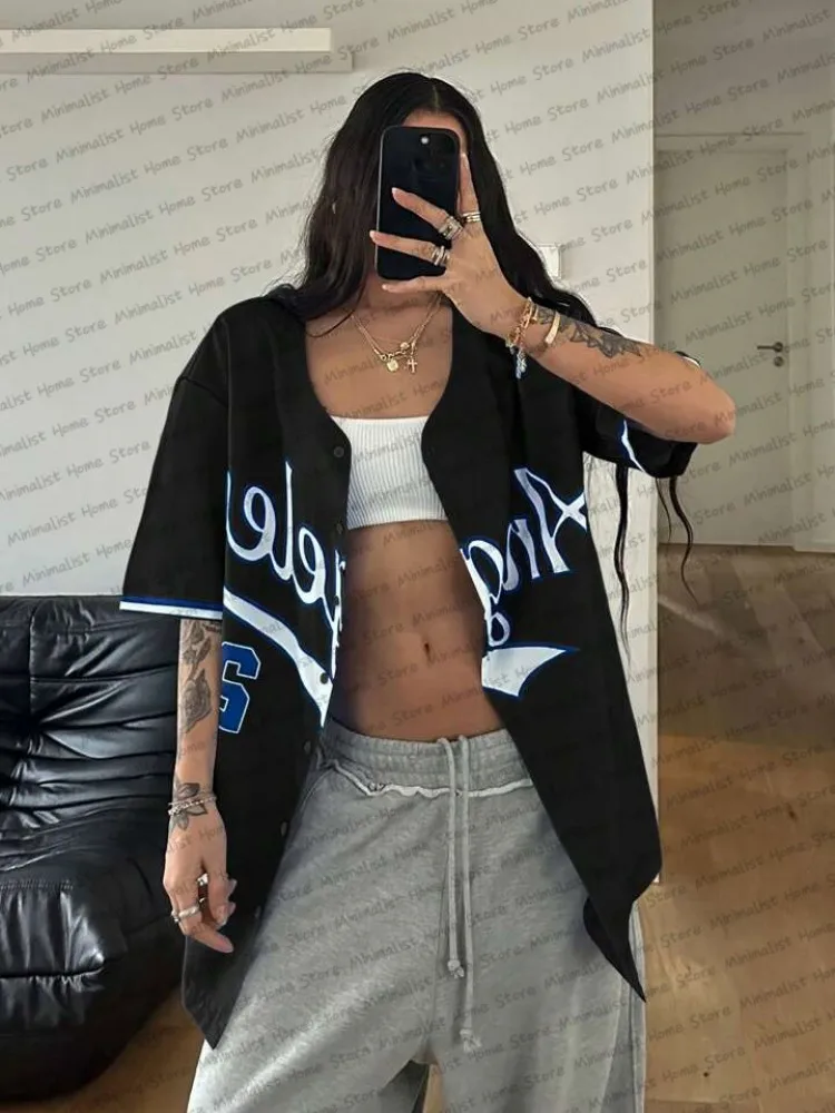 

2025 Summer New Retro Patchwork Letter Printed Blouse Women Streetwear Baseball Shirt Hip Hop Short Sleeve Button Up Tops