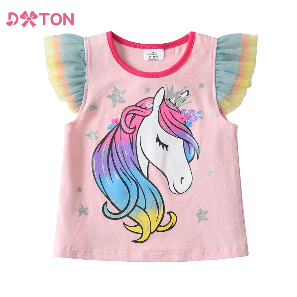 Dxton Mädchen Tops Mesh fliegende Ärmel Kinder T-Shirts für Mädchen Baumwolle Sommer Kleinkinder Tops Cartoon gedruckt Kinder T-Shirts Kleidung