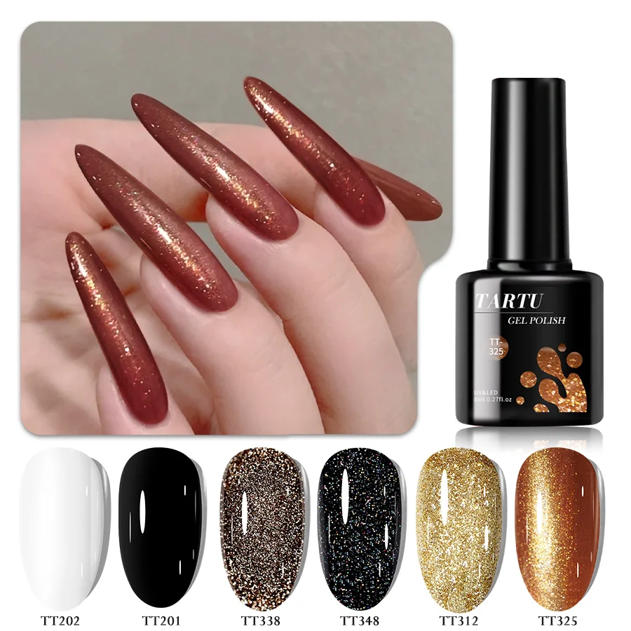 مجموعة طلاء أظافر جل مكونة من 6 قطع، طقم طلاء أظافر جل شبه دائم مكون من 6 ألوان باللون الأسود والأبيض والذهبي اللامع، طقم طلاء أظافر بالأشعة فوق البنفسجية/Led، مانيكير فن الأظافر