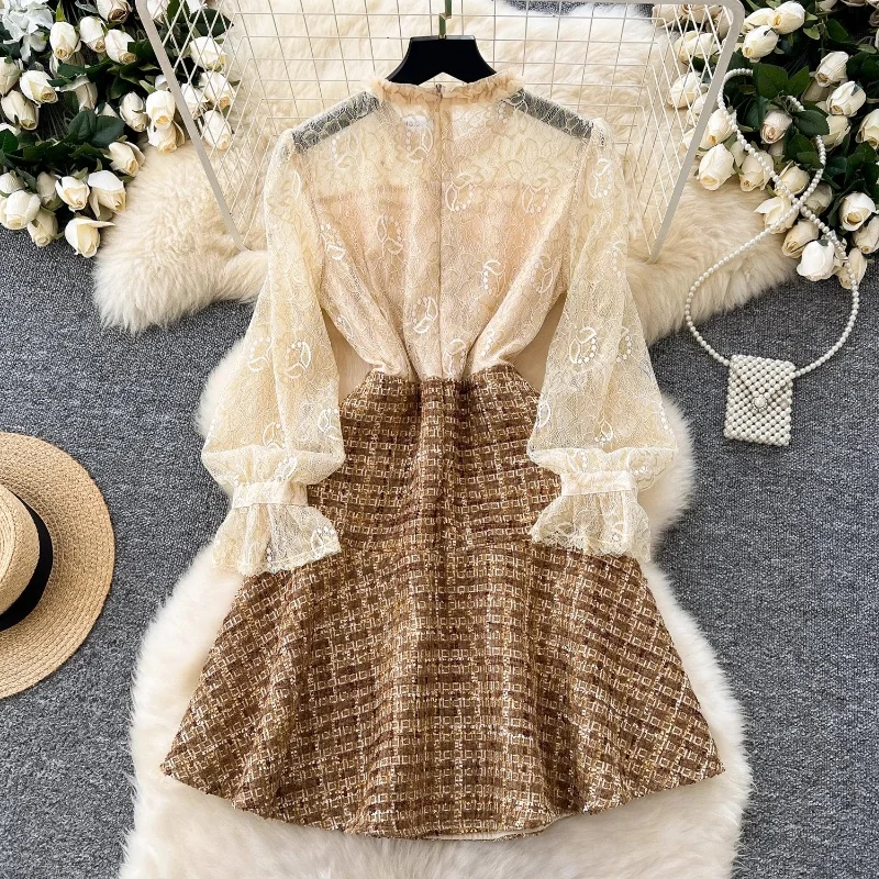 French Vintage Luxury Beaded Embroidery Lace Patchwork Plaid Tweed Mini Dress Chic Ruffles Metal Buttons Sweet Girls Fairy Dress