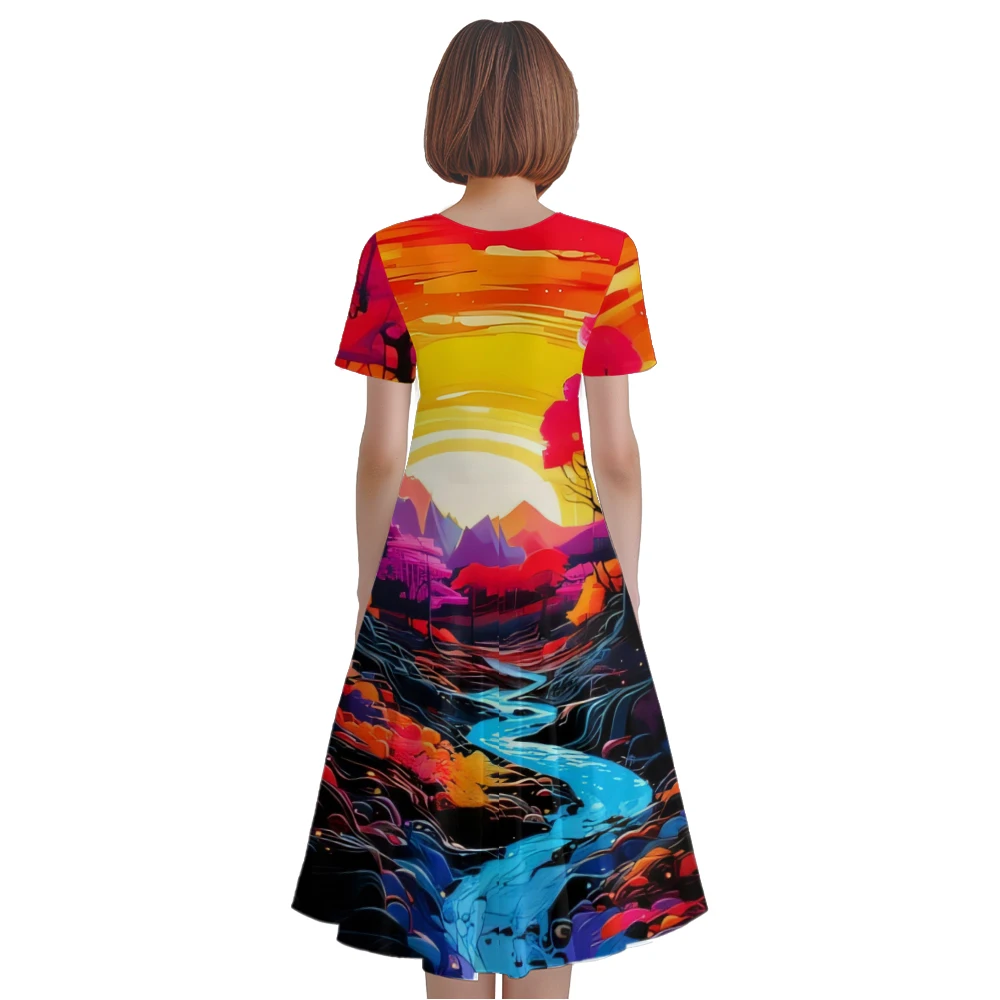 Summer Dress Fashion V Neck A-Line Dresses Women Landscape Print Dress Stylish Party Dresses Elegant Robe Trendy Girl Vestido