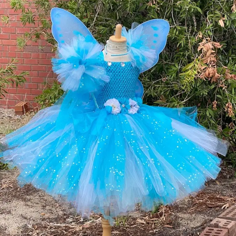 Girls Blue White Glitter Flower Tutu Dress Kids Fairy Dress With Wing Stick Set Children Birthday Party Costume Princess Dress