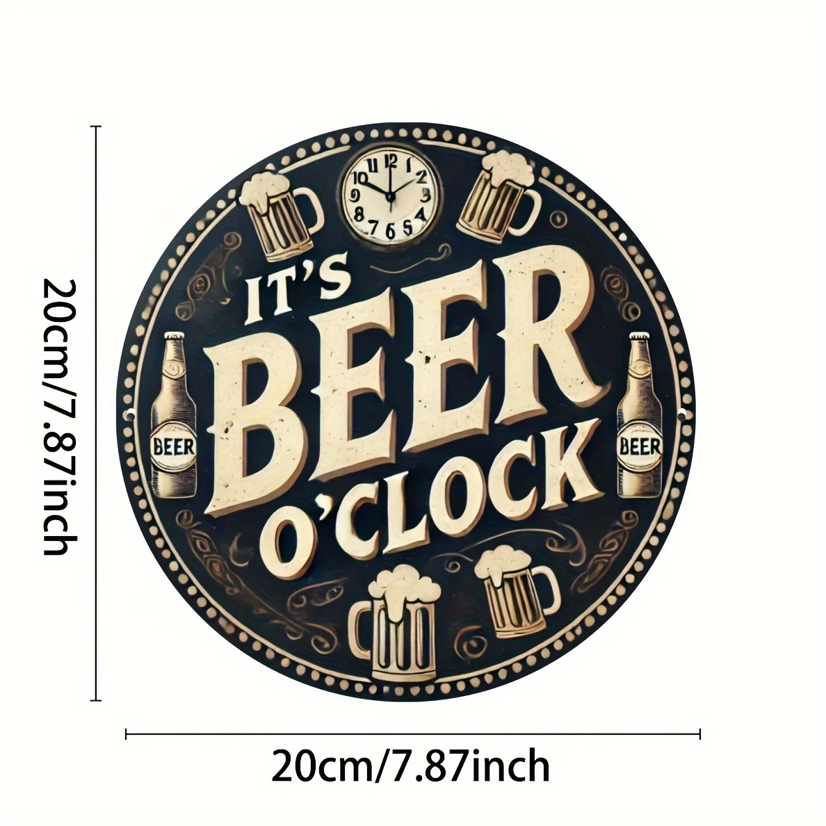 Round Metal Iron Tin Plaque 2D Flat,7.87 Inch It's Beer O'clock Vintage Sign Waterproof Wall Decor for Bar Pub Basement Home Dec