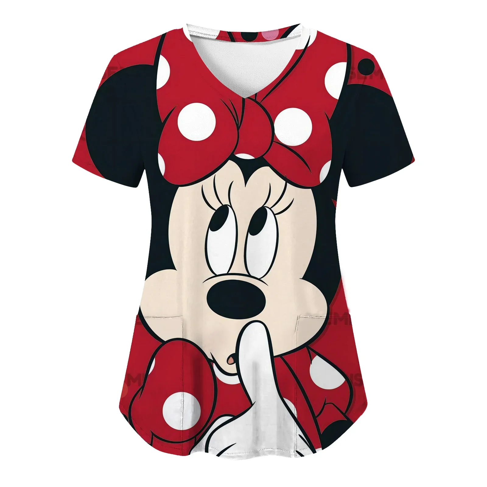 

Miniso T-shirt V Neck Top Women 2024 Disney Shirts Pocket Woman Clothes Hospital T-shirts Minnie Mouse Tops Mickey Nurse Uniform