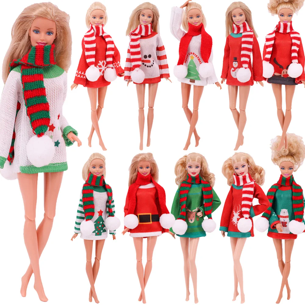 Barbies Doll Christmas Clothes Sweater+Scarf Doll Accessories Clothing For 11.8 Inch Barbie Doll Clothes Accessories Girl`s Toy