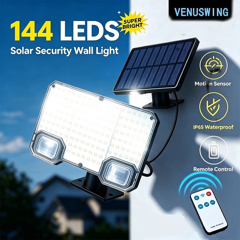 144LED Motion Sensor Solar Wall Lamp 3 Lighting Modes Remote Operated Split Design Lamp for Yard Patio Walkway Exterior Lighting