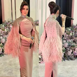 Customized Shawl Feathers Sleeveless Prom Gown Sheath Exquisite Rhinestone Evening Party Dresses Strapless فساتين السهرة 2023 جد