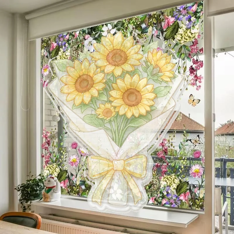 Spring Summer Floral Window Sticker 1/2 Sheets Static Cling Wildflower Butterfly for Seasonal Home Window Decor