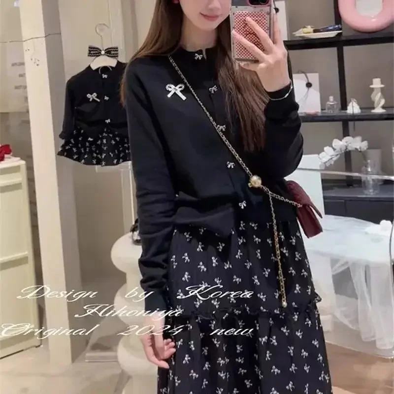 ถักเสื้อสเวตเตอร์ถักผู้หญิงแฟชั่นภาษาฝรั่งเศสคําปุ่มโบว์เสื้อผ้าสตรีสีดําสั้นเสื้อกันหนาวเสื้อ Slim เสื้อถัก