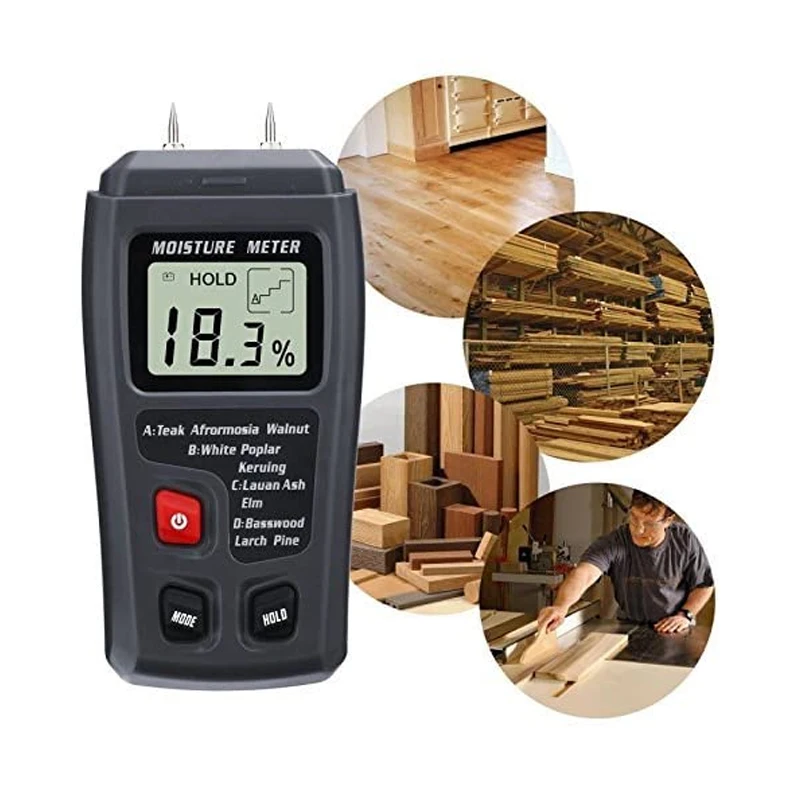 EMT01 Two Pins Digital Wood Moisture Meter 0-99.9% Wood Humidity Tester Timber Damp Detector with Large LCD Display