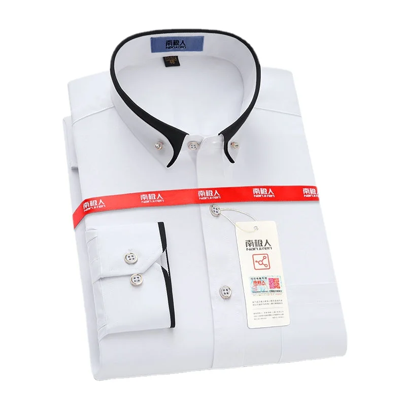 

Men's Dress Shirts Formal Stretch Long Sleeve Shirt Business Casual Double-Layer Collar Chemise Male Non-Ironing Button Up Shirt