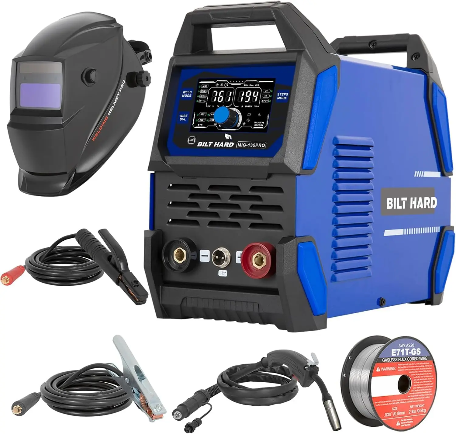 BILT HARD 135A 3-in-1 IGBT Inverter Welder, 110V Flux Core MIG/Lift TIG/Stick Welding Machine with Synergic Control