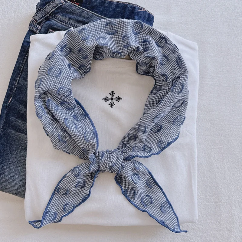 

%New linen scarf women with broken polka, British retro neck scarf, breathable forest-style small scar