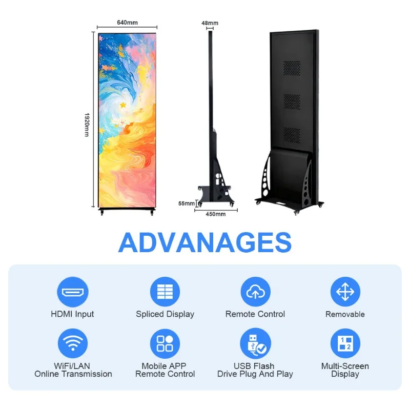 4K Full Color LED Poster Screen P2.5/P1.25 IP65 WiFi USB 4G Floor Stand 640x1920mm for Elevator Hotel Lobby Showroom Graphics