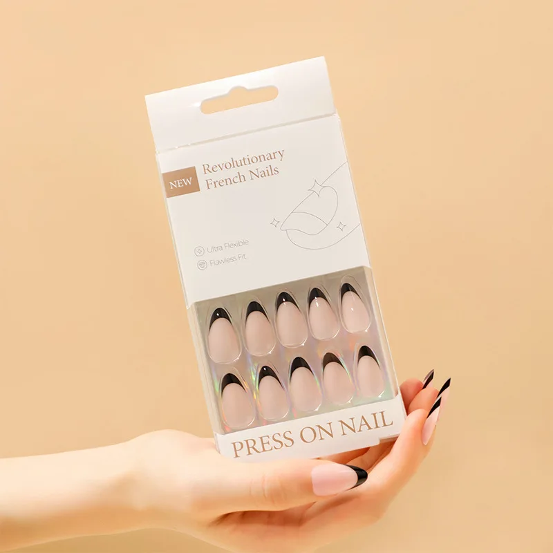 30Pcs Black White French Almond Shape Fake Nails Fashion Simple Nude Detachable Finished False Nails Press on Nails with Glue