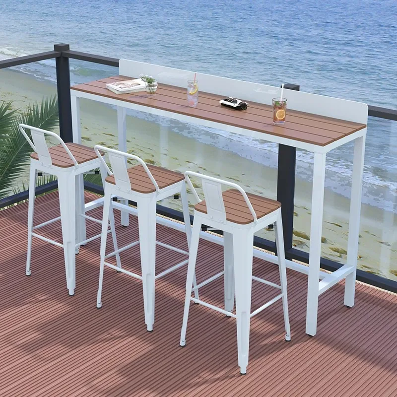 Outdoor plastic wood bar table Balcony high-footed narrow table and chair combination Commercial preservative wood open-air bar