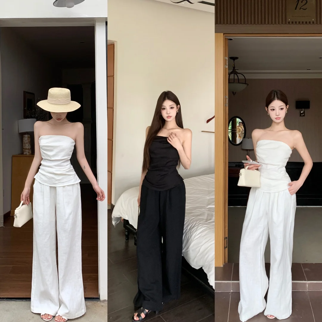 

Ele Cotton Linen Set Women's Summer 2025 New Folded Bust Top Wide Leg Pants Two Piece Set Commute Sle Long Pants