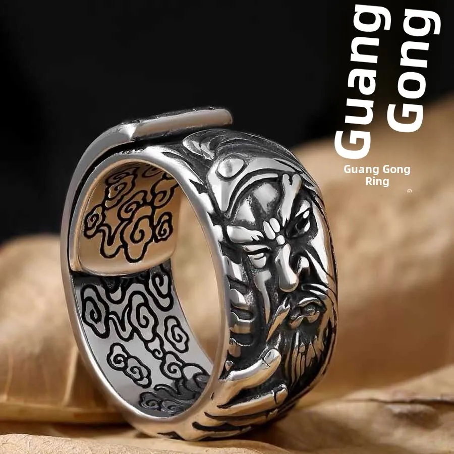 WEIER Retro 925 Silver Guan Gong Ring for Men Lucky Cloud Guan Yu Martial God of Wealth Attracting Wealthy Trendy Silver Ring