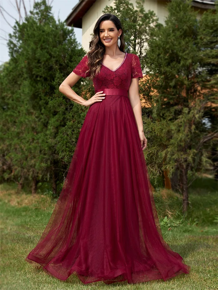 Lucyinlove Elegant Red Chiffon Long Evening Dresses 2024 New Women Mermaid Bridesmaid Wedding Party Formal Party Dress Prom