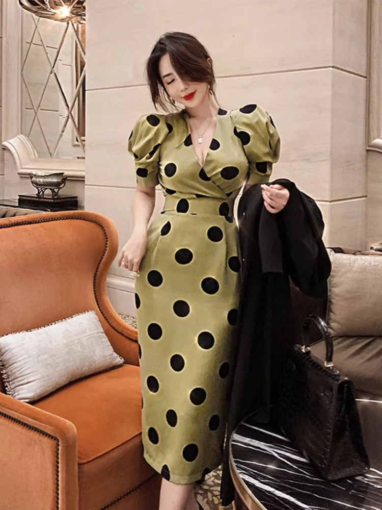 Women Clothes Formal Occasion Retro Dot Print Puff Sleeve Slim Midi Pencil Dress Elegant Lady Party Vestido Casual Summer Korean