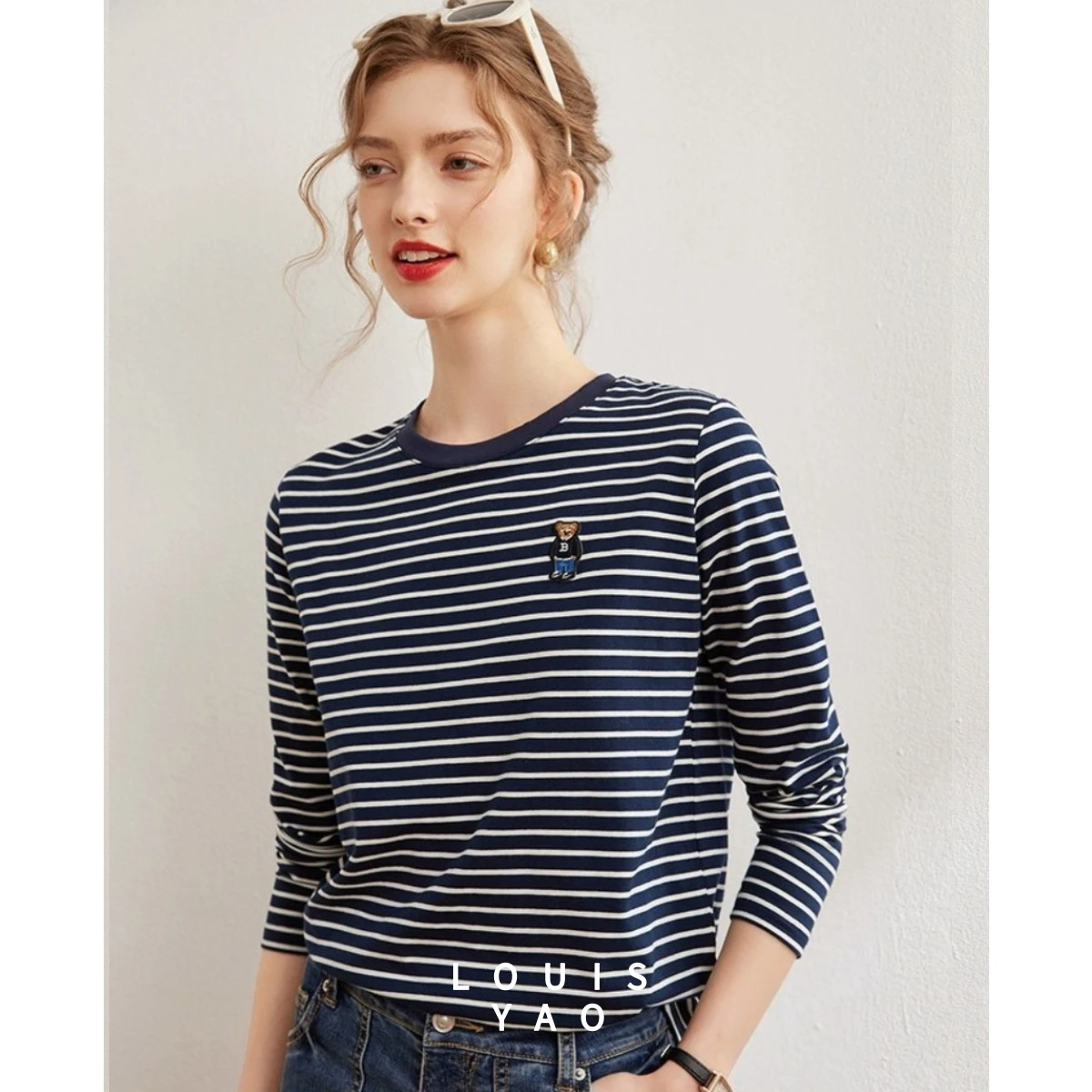 

LOUISYAO Striped Long Sleeve T-Shirt Women 2026 Spring Summer Round Neck Bear Embroidery Stretchy Casual Ladies Tshirt