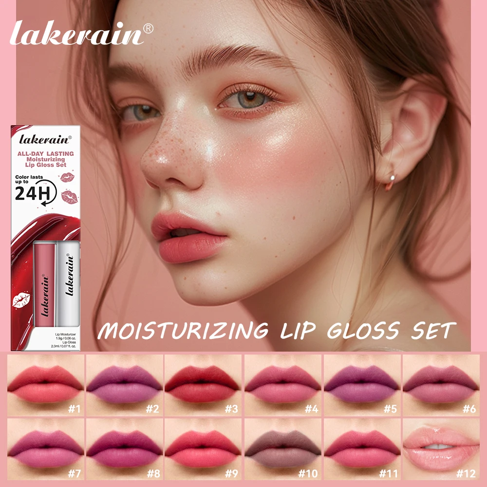Lakerain Lip Gloss 2-in-1 Set Long Lasting Moisturizing Matte Makeup Effect Waterproof Sweat-proof Smooth Shiny Natural Lip Skin