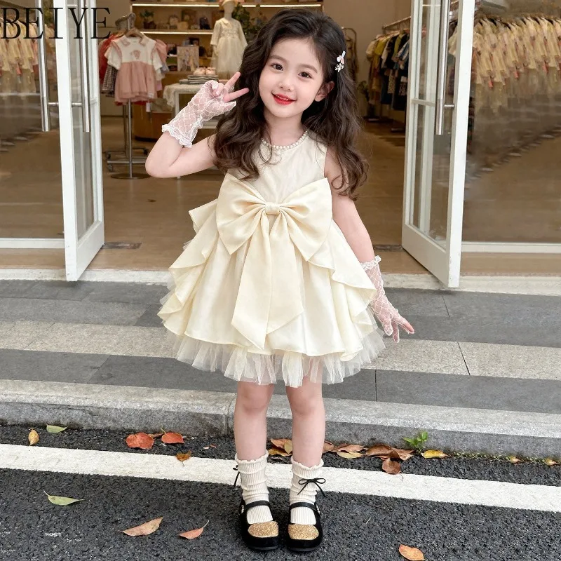 Sleeveless Mesh Splicing Fluffy Birthday Dress Girls' Summer Designer Sweet Princess Dress Children Bow Design Short Dress