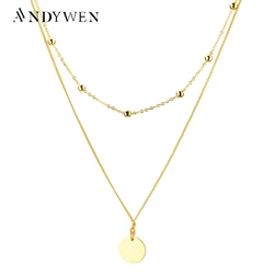 ANDYWEN 925 Sterling Silver Gold Round Pendant Chain Chocker Women Double Chain Necklace Simple 2020 Fashion Luxury Jewelry