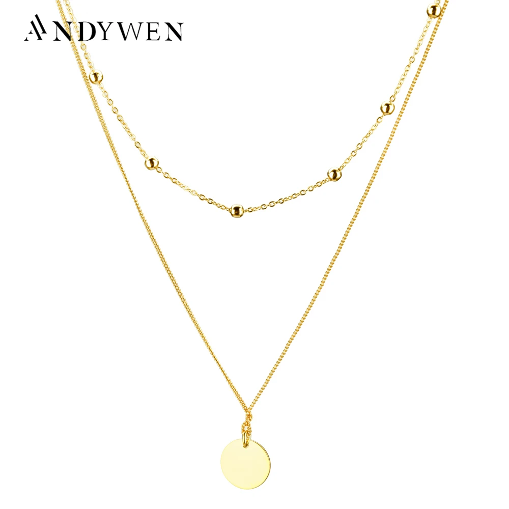ANDYWEN 925 Sterling Silver Gold Round Pendant Chain Chocker Women Double Chain Necklace Simple 2020 Fashion Luxury Jewelry