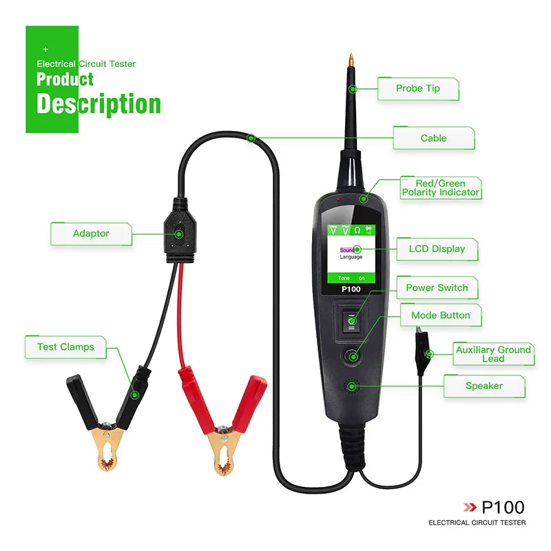 أداة اختبار وإصلاح ماس كهربائى الجهد P100 لتشخيص الدائرة لجهاز فحص السيارات والشاحنات والدراجات النارية