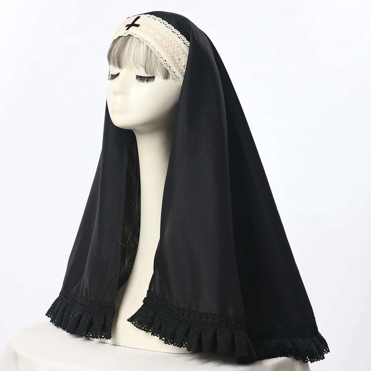 Nun Headpiece Veil Cosplay Women Black Cross Bonnet